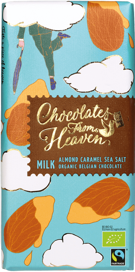 Tablica mlečne bio čokolade v modrem zavitku z narisanimi mandlji in karamelo 