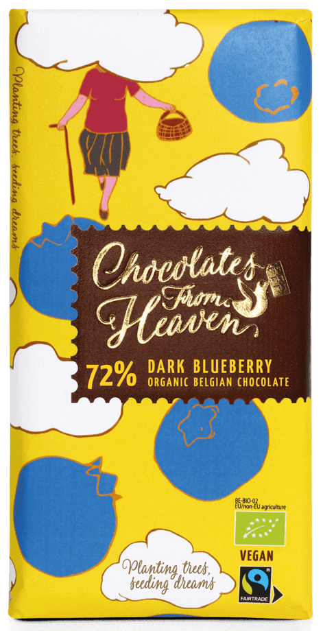 Tablica temne bio čokolade 74% v rumenem zavitku z borovnicami